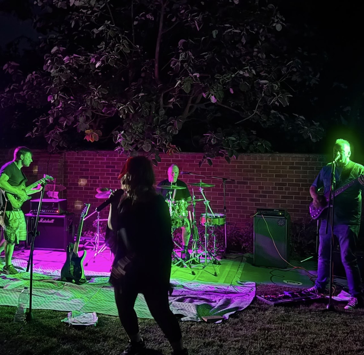 Full band performing at night under coloured stage lights